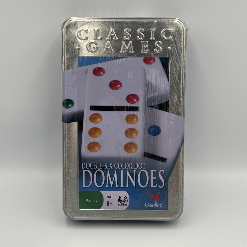 Cardinal 28 Double Six Color Dot Dominoes in Metal Case - Sealed